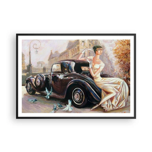 Poster in einem schwarzem Rahmen - Retro-Frau neben Oldtimer - 100x70cm - Eleganz im Retro-Stil - Moderne Wanddekoration für Wohnzimmer und Schlafzimmer ARTTOR