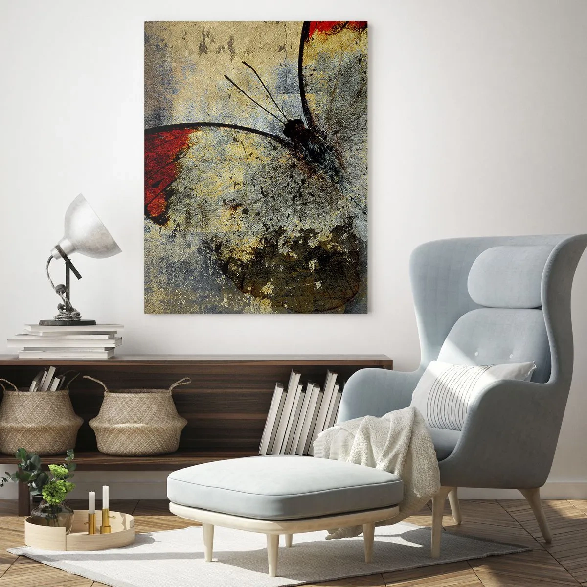 Glasbild - Bild auf glas - Ein Schmetterling in Rot- und Grautönen auf strukturiertem Hintergrund - 70x100cm - Pass auf, bevor ich verschwinde - Moderne Wanddekoration für Wohnzimmer und Schlafzimmer ARTTOR