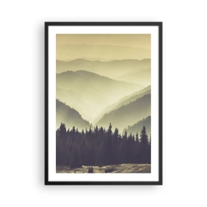 Poster in einem schwarzem Rahmen - Nebliges Panorama der Berge mit Wald - 50x70cm - Hinter den sieben Bergen ... - Moderne Wanddekoration für Wohnzimmer und Schlafzimmer ARTTOR