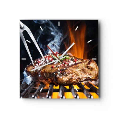 Wanduhr - Glasuhr - Gegrilltes Steak auf einem Grill mit Gewürzen - 30x30cm - Saftig und duftend - Moderne Wanddekoration für Wohnzimmer und Schlafzimmer ARTTOR