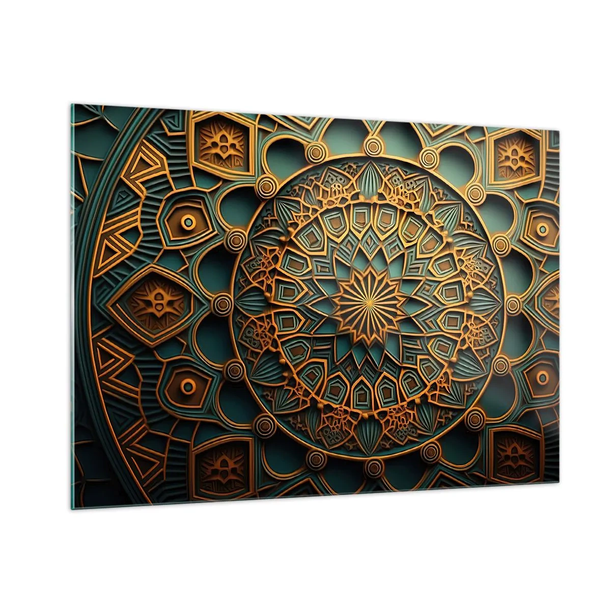 Glasbild - Bild auf glas - Gold- und Türkisornament im Stil eines arabischen Mosaiks - 100x70cm - In arabischer Atmosphäre - Moderne Wanddekoration für Wohnzimmer und Schlafzimmer ARTTOR