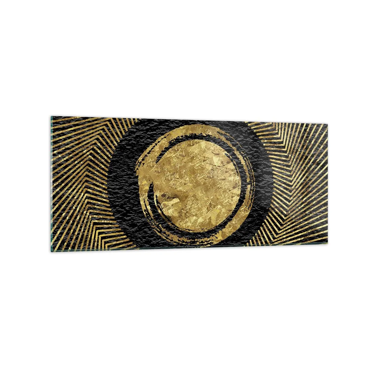 Glasbild - Bild auf glas - Geometrische Komposition in Schwarz und Gold mit Strahlen - 120x50cm - Glamour-Komposition - Moderne Wanddekoration für Wohnzimmer und Schlafzimmer ARTTOR