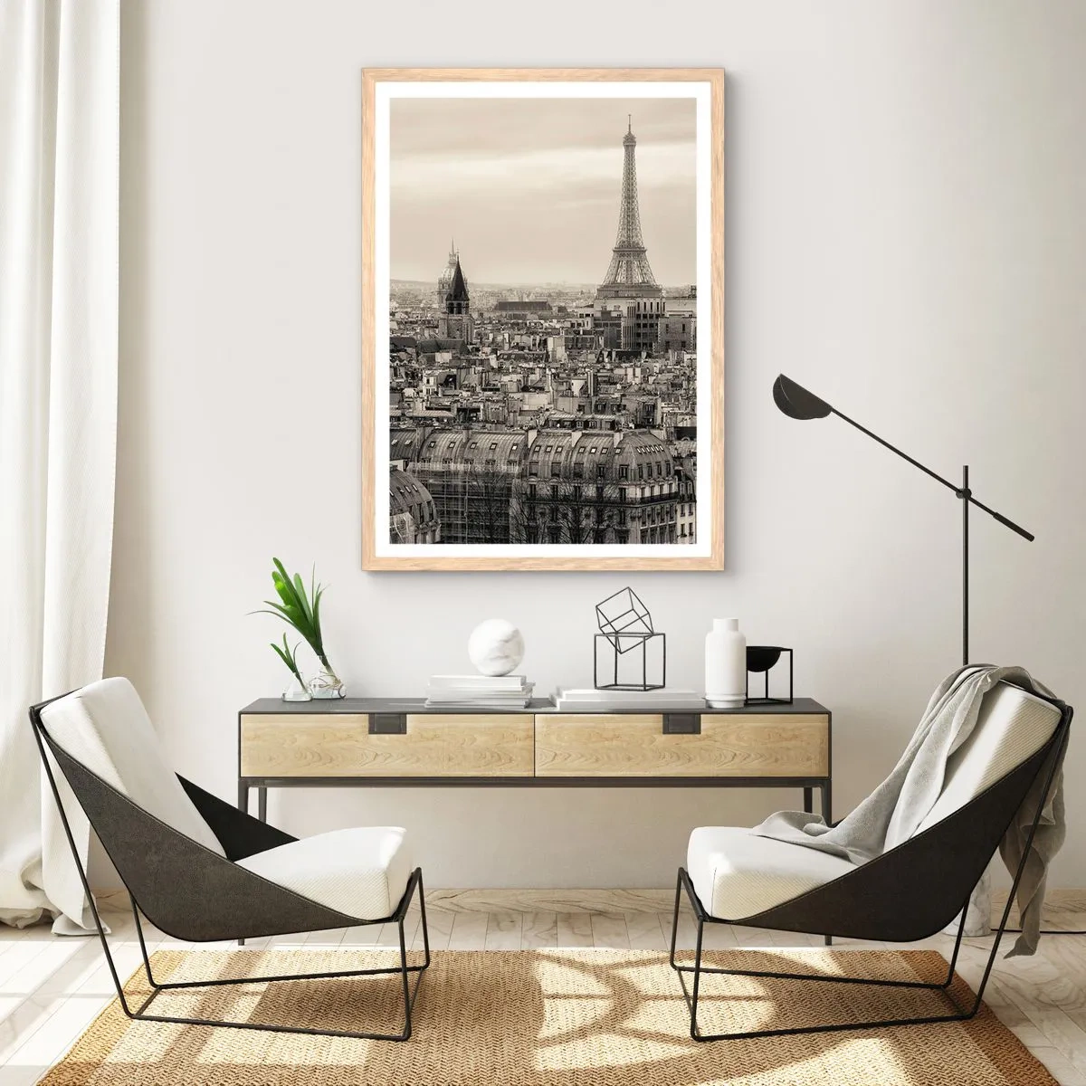 Poster in einem Rahmen aus heller Eiche - Über den Dächern von Paris - 70x100 cm
