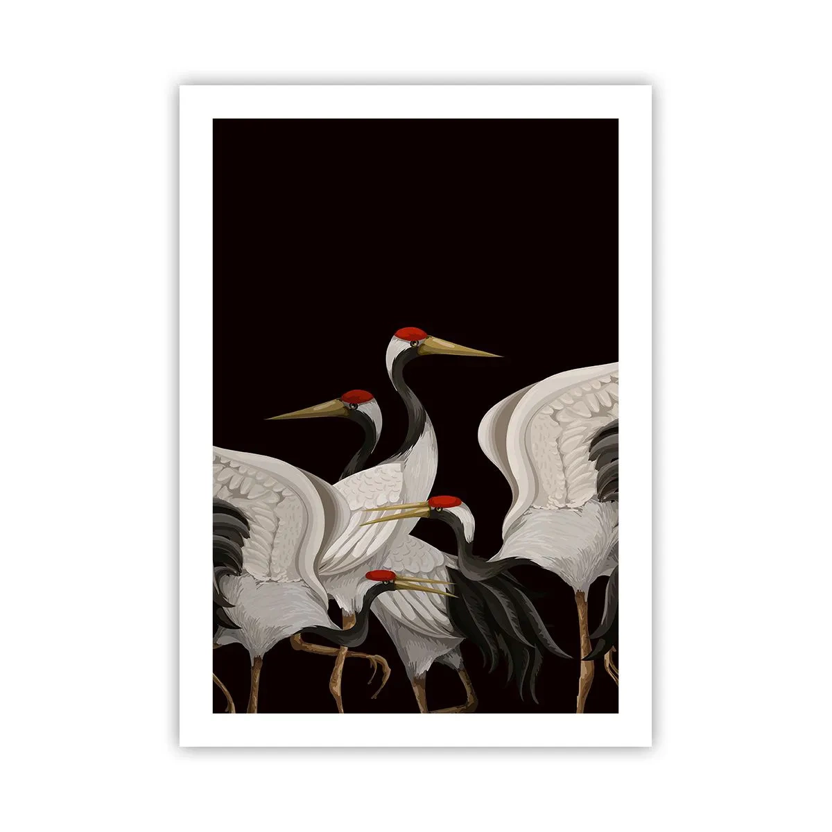 Poster - Elegante Kraniche auf dunklem Hintergrund im orientalischen Stil - 50x70cm - Vogelsachen - Moderne Wanddekoration für Wohnzimmer und Schlafzimmer ARTTOR