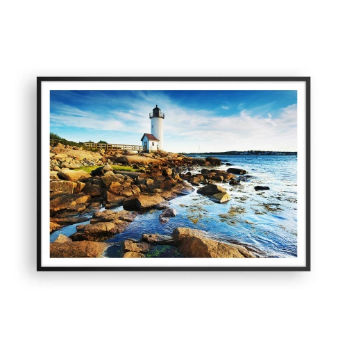 Poster in einem schwarzem Rahmen - Ein Leuchtturm an einer felsigen Küste an einem sonnigen Tag - 100x70cm - Komm glücklich zurück, ich warte - Moderne Wanddekoration für Wohnzimmer und Schlafzimmer ARTTOR