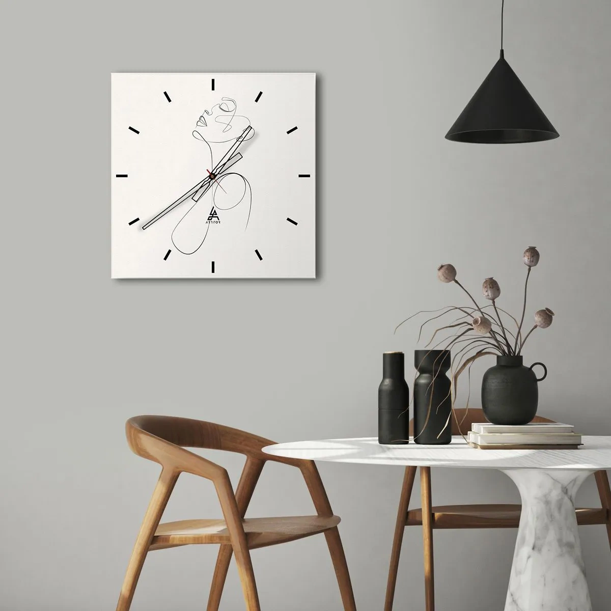 Wanduhr - Glasuhr - Minimalistische Strichzeichnung Gesichtsskizze auf weißem Hintergrund - 30x30cm - Versunken in Träumen - Moderne Wanddekoration für Wohnzimmer und Schlafzimmer ARTTOR