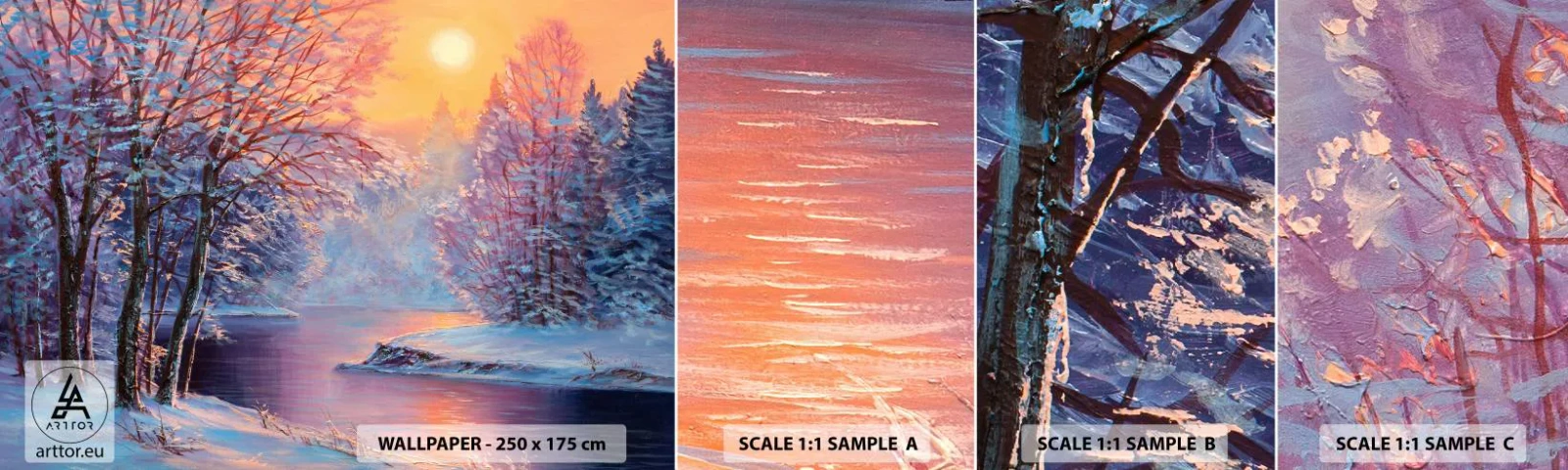 Fototapetenmuster Standard Eco - Die Farben des Winters - Landschaft, Fluss, Wald - 100x30 cm