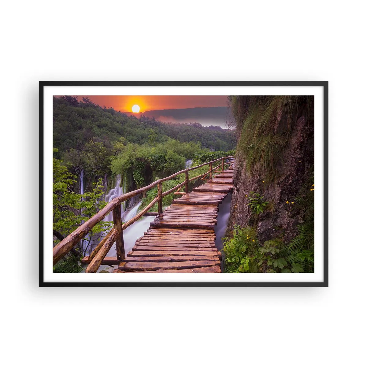 Poster in einem schwarzem Rahmen - Eine Brücke mit Blick auf die Wasserfälle bei Sonnenuntergang - 100x70cm - Schönheit jenseits des Glaubens - Moderne Wanddekoration für Wohnzimmer und Schlafzimmer ARTTOR