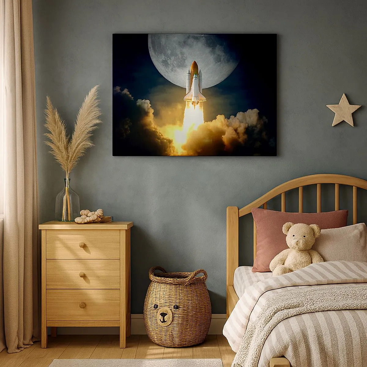 Bild auf Leinwand - Leinwandbild - Eine Rakete hebt vor dem Hintergrund eines Vollmonds ab, umgeben von dynamischen Wolken. - 70x50cm - Beginn eines überirdischen Abenteuers - Moderne Wanddekoration für Wohnzimmer und Schlafzimmer ARTTOR