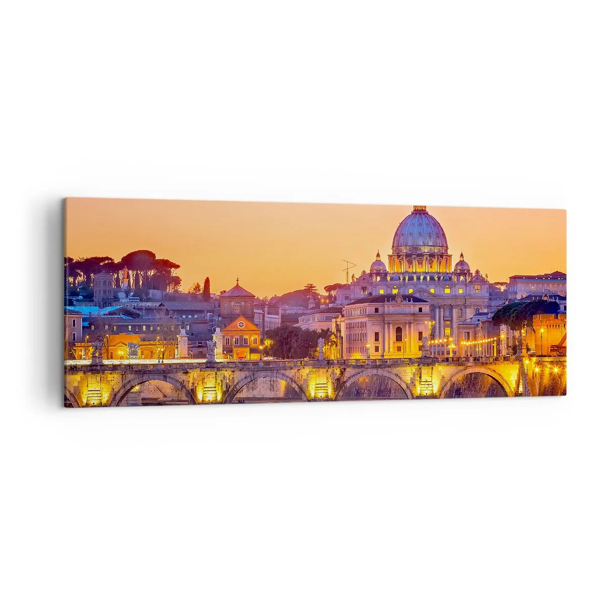 Bild auf Leinwand - Leinwandbild - Panorama des Vatikans bei Sonnenuntergang mit einer Brücke über den Fluss - 140x50cm - Sonnenuntergang über der ewigen Stadt - Moderne Wanddekoration für Wohnzimmer und Schlafzimmer ARTTOR