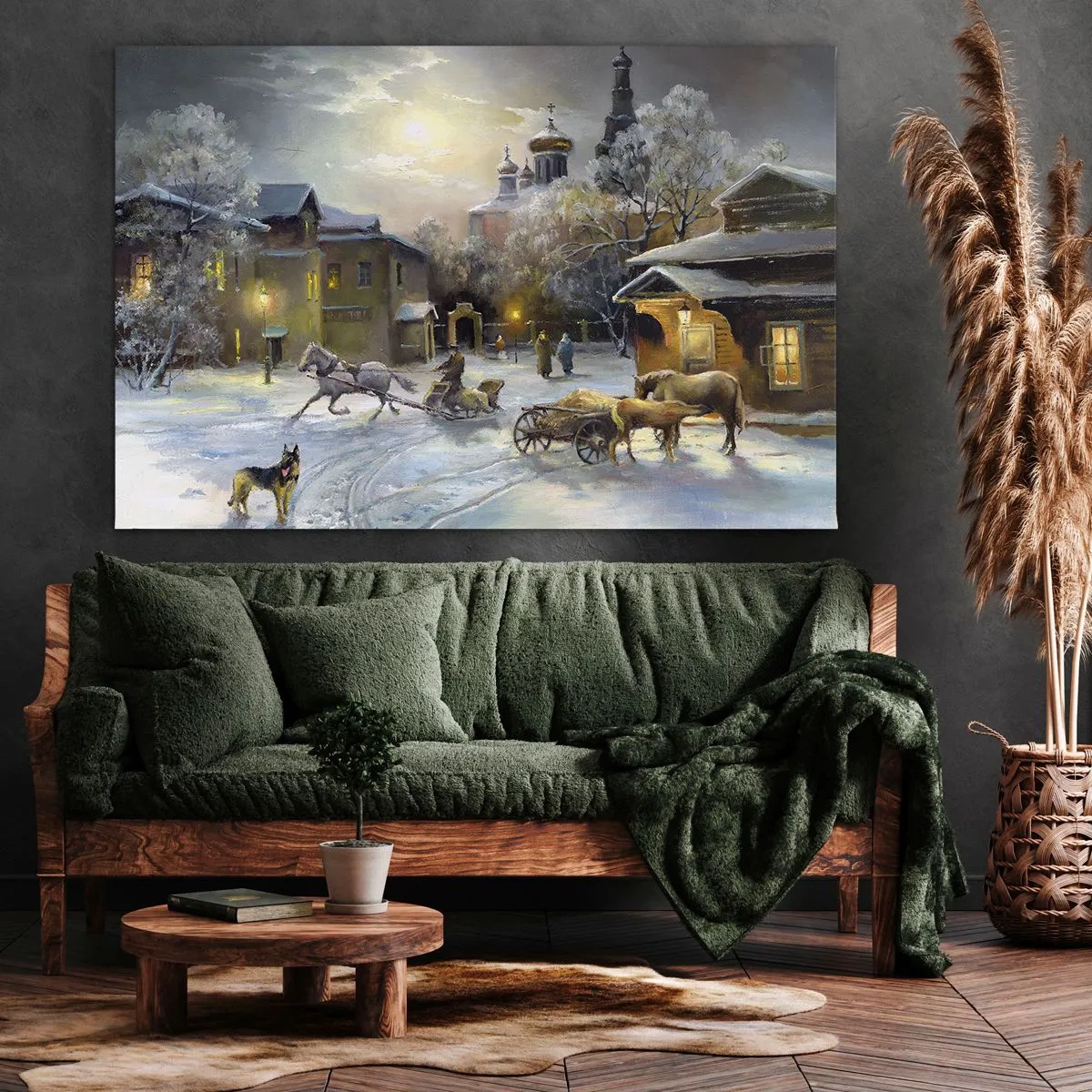 Bild auf Leinwand - Leinwandbild - Winterlandschaft in einer russischen Stadt mit Schlitten und Kirche - 120x80cm - Die Magie des russischen Winters - Moderne Wanddekoration für Wohnzimmer und Schlafzimmer ARTTOR