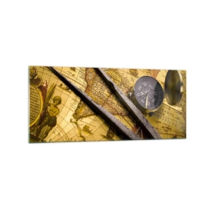 Glasbild - Bild auf glas - Eine antike Weltkarte mit einem Kompass und einem Zirkel im Hintergrund - 120x50cm - Wo sind diese Schätze? - Moderne Wanddekoration für Wohnzimmer und Schlafzimmer ARTTOR