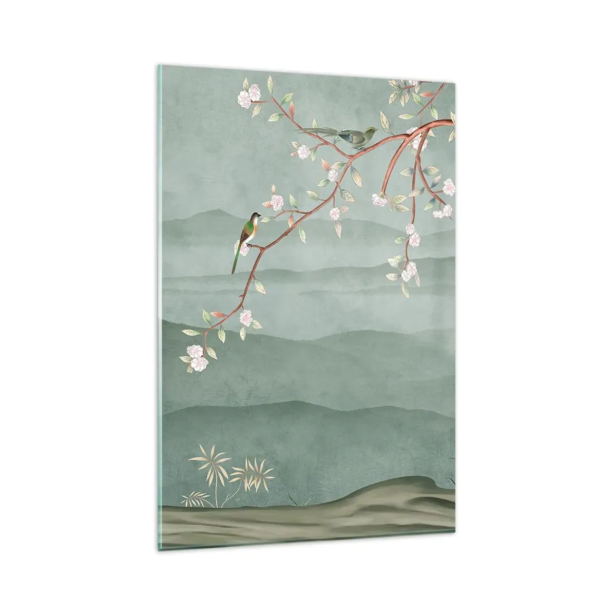 Glasbild - Bild auf glas - Ein malerisches Bild eines blühenden Baumzweigs mit Vögeln vor dem Hintergrund grüner Hügel. - 80x120cm - Frühling, oh, du bist es - Moderne Wanddekoration für Wohnzimmer und Schlafzimmer ARTTOR