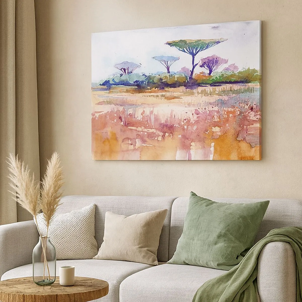Bild auf Leinwand - Leinwandbild - Eine malerische Savannenlandschaft in Aquarellfarben - 70x50cm - Savannah-Farben - Moderne Wanddekoration für Wohnzimmer und Schlafzimmer ARTTOR