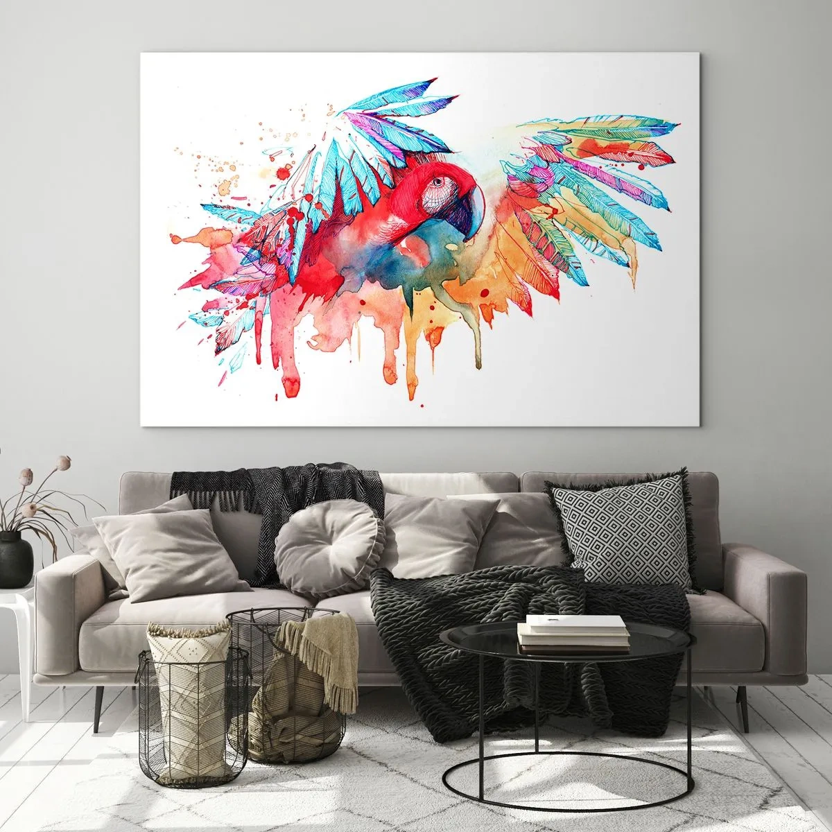 Glasbild - Bild auf glas - Bunter Aquarellpapagei mit ausgebreiteten Flügeln - 100x70cm - Bunte Papageien - Moderne Wanddekoration für Wohnzimmer und Schlafzimmer ARTTOR