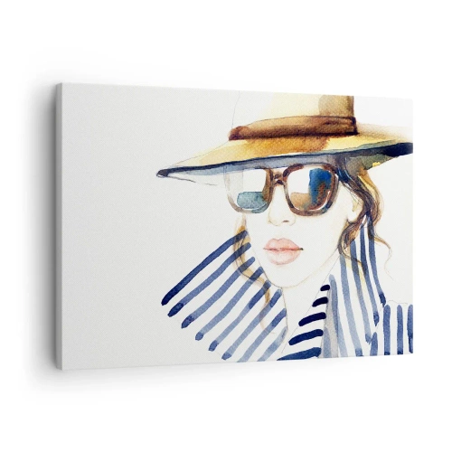 Bild auf Leinwand - Leinwandbild - Porträt einer Frau mit Hut und Sonnenbrille - 70x50cm - Florida heißt Sie willkommen! - Moderne Wanddekoration für Wohnzimmer und Schlafzimmer ARTTOR