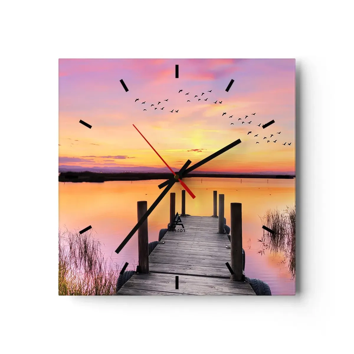 Wanduhr - Glasuhr - Ein Pier an einem See bei Sonnenuntergang mit Vögeln am Himmel - 30x30cm - Violette stille Morgendämmerung - Moderne Wanddekoration für Wohnzimmer und Schlafzimmer ARTTOR