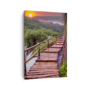 Bild auf Leinwand - Leinwandbild - Eine Brücke mit Blick auf die Wasserfälle bei Sonnenuntergang - 70x100cm - Schönheit jenseits des Glaubens - Moderne Wanddekoration für Wohnzimmer und Schlafzimmer ARTTOR