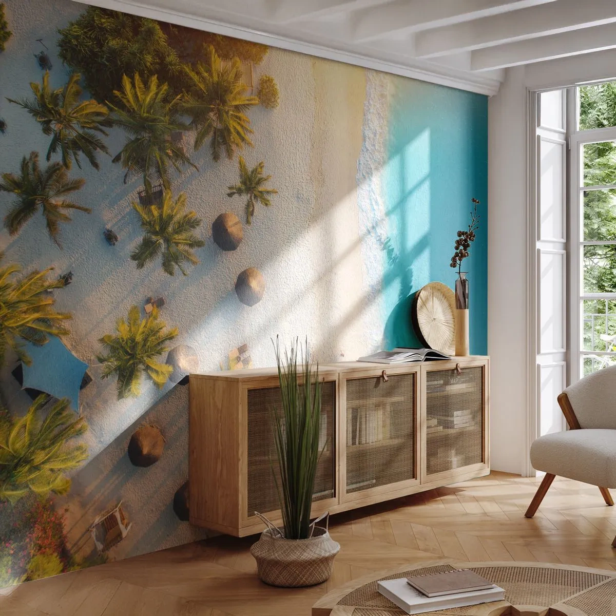 Fototapete Premium Sand - Eine Vogelperspektive auf einen tropischen Strand mit Palmen und türkisfarbenem Meer - 100x70cm - Willkommen im Paradies - Moderne Wanddekoration für Wohnzimmer und Schlafzimmer ARTTOR
