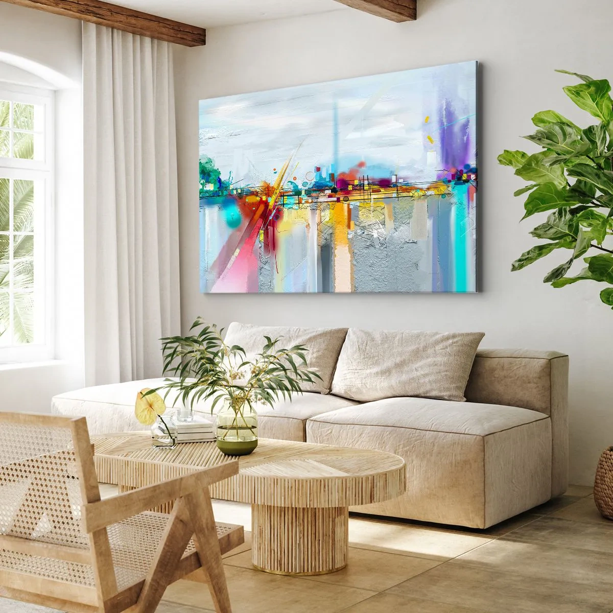 Bild auf Leinwand - Leinwandbild - Abstrakte Landschaft mit bunten Akzenten - 100x70cm - Freudenbrücke über den Fluss des Lebens - Moderne Wanddekoration für Wohnzimmer und Schlafzimmer ARTTOR
