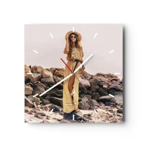 Wanduhr - Glasuhr - Eine Frau im Boho-Stil vor einem felsigen Strandhintergrund - 30x30cm - Die Magie der Steine - Moderne Wanddekoration für Wohnzimmer und Schlafzimmer ARTTOR