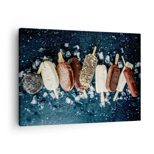 Bild auf Leinwand - Leinwandbild - Bunte Eislutscher auf Eis mit dunklem Hintergrund angeordnet - 70x50cm - Geschmack des heißen Sommers - Moderne Wanddekoration für Wohnzimmer und Schlafzimmer ARTTOR