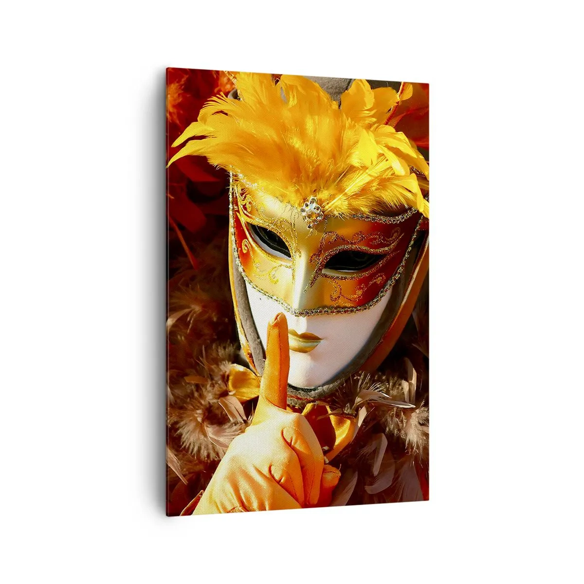 Bild auf Leinwand - Leinwandbild - Karnevalsmaske in Gold- und Orangetönen - 80x120cm - Geheimnis ist Teil des Spiels - Moderne Wanddekoration für Wohnzimmer und Schlafzimmer ARTTOR