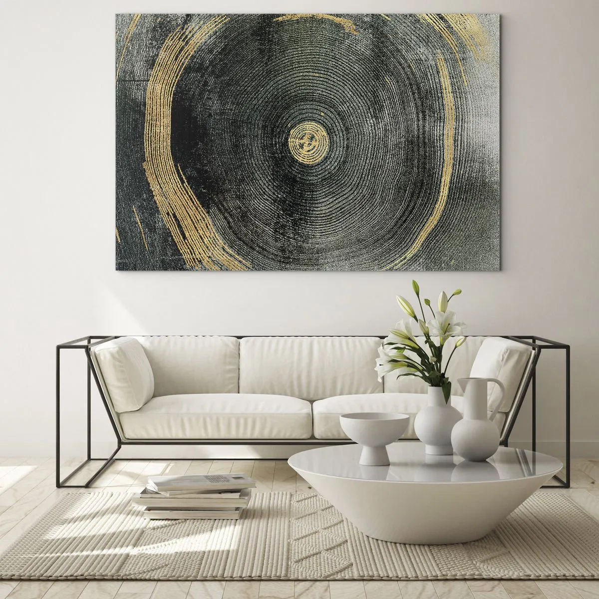 Glasbild - Bild auf glas - Querschnitt eines Baumstammes mit Details und goldenen Akzenten - 120x80cm - Veränderung und Beständigkeit - Moderne Wanddekoration für Wohnzimmer und Schlafzimmer ARTTOR