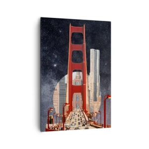 Bild auf Leinwand - Leinwandbild - Die Golden Gate Bridge mit der Stadt im Hintergrund vor einem Sternenhimmel - 70x100cm - Immer im Mittelpunkt - Moderne Wanddekoration für Wohnzimmer und Schlafzimmer ARTTOR