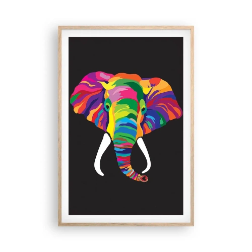 Poster in einem Rahmen aus heller Eiche - Der Elefant, der es liebte, im Regenbogen zu baden - 61x91 cm