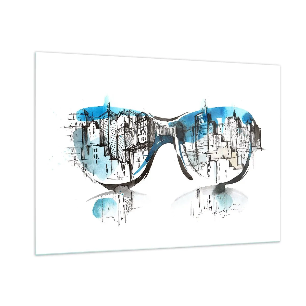 Glasbild - Bild auf glas - Das Stadtpanorama spiegelt sich in der Sonnenbrille - 100x70cm - Großstadt-Chic - Moderne Wanddekoration für Wohnzimmer und Schlafzimmer ARTTOR