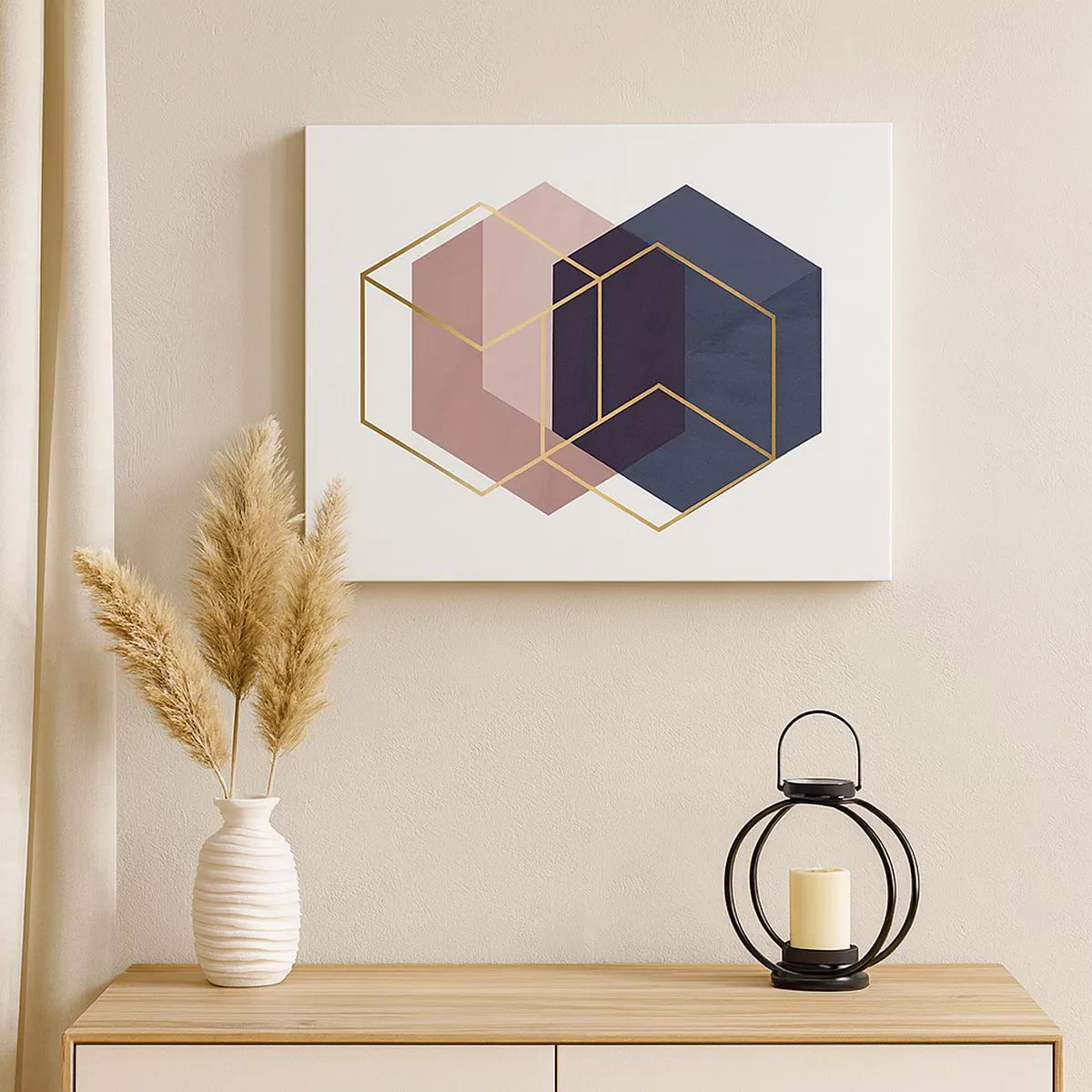 Bild auf Leinwand - Leinwandbild - Geometrische Formen in goldenen Linien auf pastellfarbenem Hintergrund - 70x50cm - Die Kraft der Einfachheit - Moderne Wanddekoration für Wohnzimmer und Schlafzimmer ARTTOR