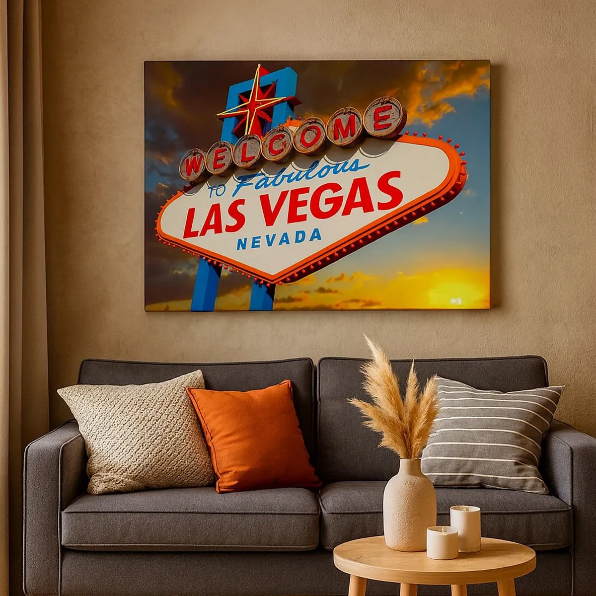 Bild auf Leinwand - Leinwandbild - Das berühmte Schild „Welcome to Fabulous Las Vegas“ bei Sonnenuntergang - 70x50cm - Für ein Lächeln des Schicksals - Moderne Wanddekoration für Wohnzimmer und Schlafzimmer ARTTOR