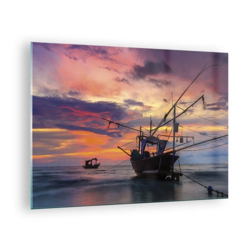 Glasbild - Bild auf glas - Fischerboote auf dem Meer bei Sonnenuntergang - 70x50cm - Exotischer Abend - Moderne Wanddekoration für Wohnzimmer und Schlafzimmer ARTTOR