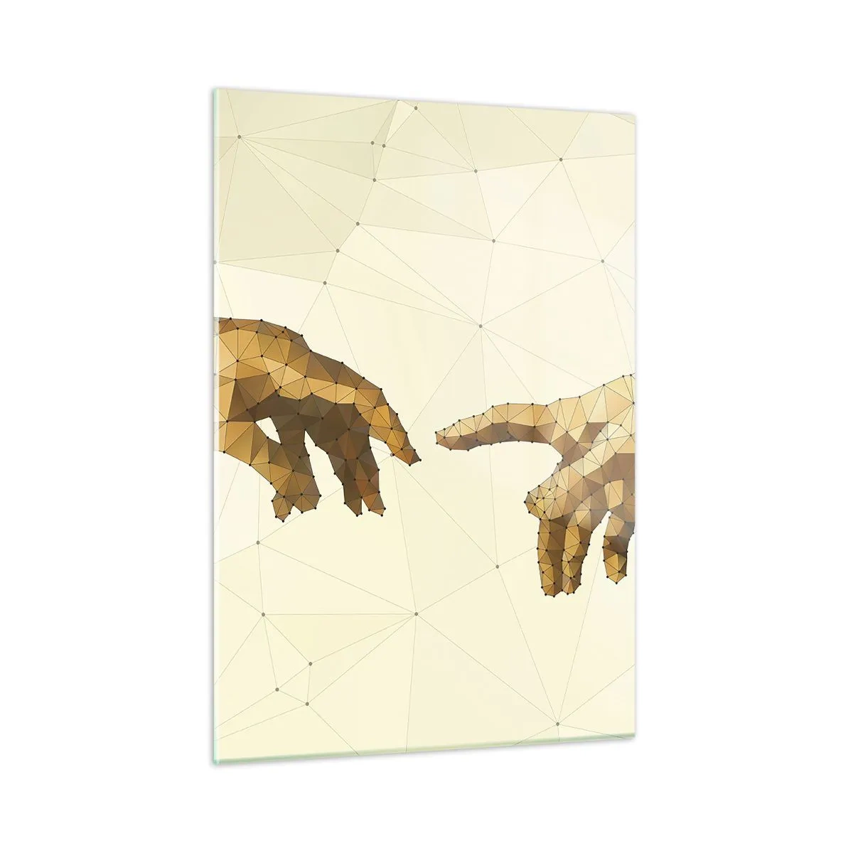Glasbild - Bild auf glas - Eine stilisierte Version des Gemäldes „Die Erschaffung Adams“ in Polygontechnik - 50x70cm - Göttliche Geometrie - Moderne Wanddekoration für Wohnzimmer und Schlafzimmer ARTTOR