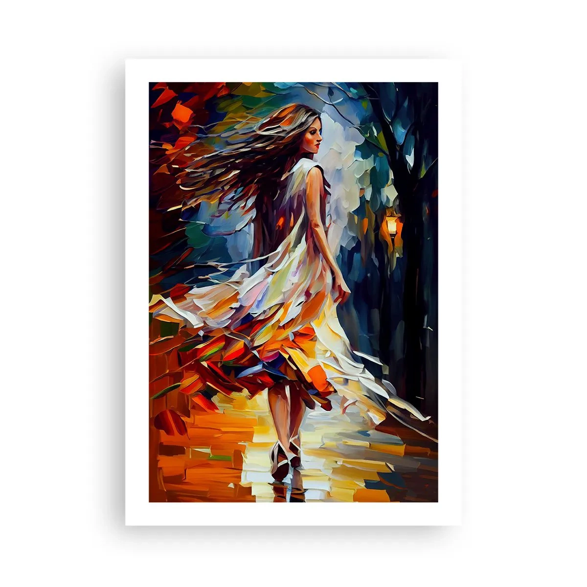 Poster - Eine Frau tanzt zwischen bunten Herbstblättern - 50x70cm - Herbstmädchen - Moderne Wanddekoration für Wohnzimmer und Schlafzimmer ARTTOR