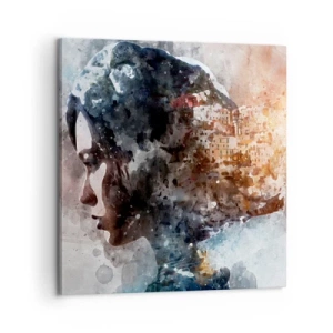 Bild auf Leinwand - Leinwandbild - Eine Geschichte über ein Mädchen mit einer Stadt im Hintergrund - 60x60 cm