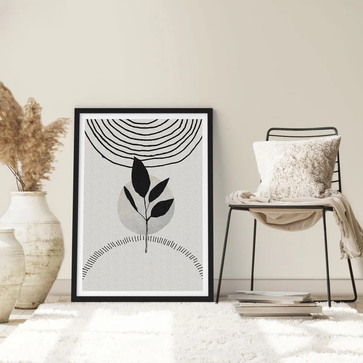 Poster in einem schwarzem Rahmen - Minimalistische Blattillustration mit geometrischen Mustern - 50x70cm - Komposition: Naturrituale - Moderne Wanddekoration für Wohnzimmer und Schlafzimmer ARTTOR