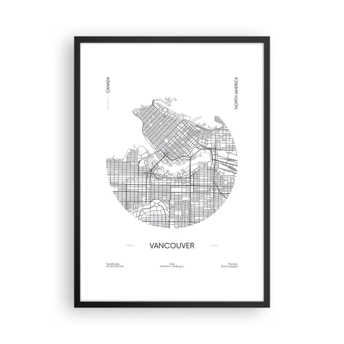 Poster in einem schwarzem Rahmen - Eine minimalistische Schwarz-Weiß-Karte von Vancouver - 50x70cm - Anatomie von Vacouver - Moderne Wanddekoration für Wohnzimmer und Schlafzimmer ARTTOR