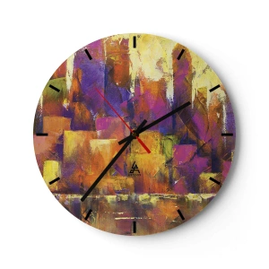 Wanduhr - Glasuhr - Eine abstrakte Komposition in Gelb- und Lilatönen. - 30x30cm - Metropolitische Komposition - Moderne Wanddekoration für Wohnzimmer, Küche und Schlafzimmer ARTTOR