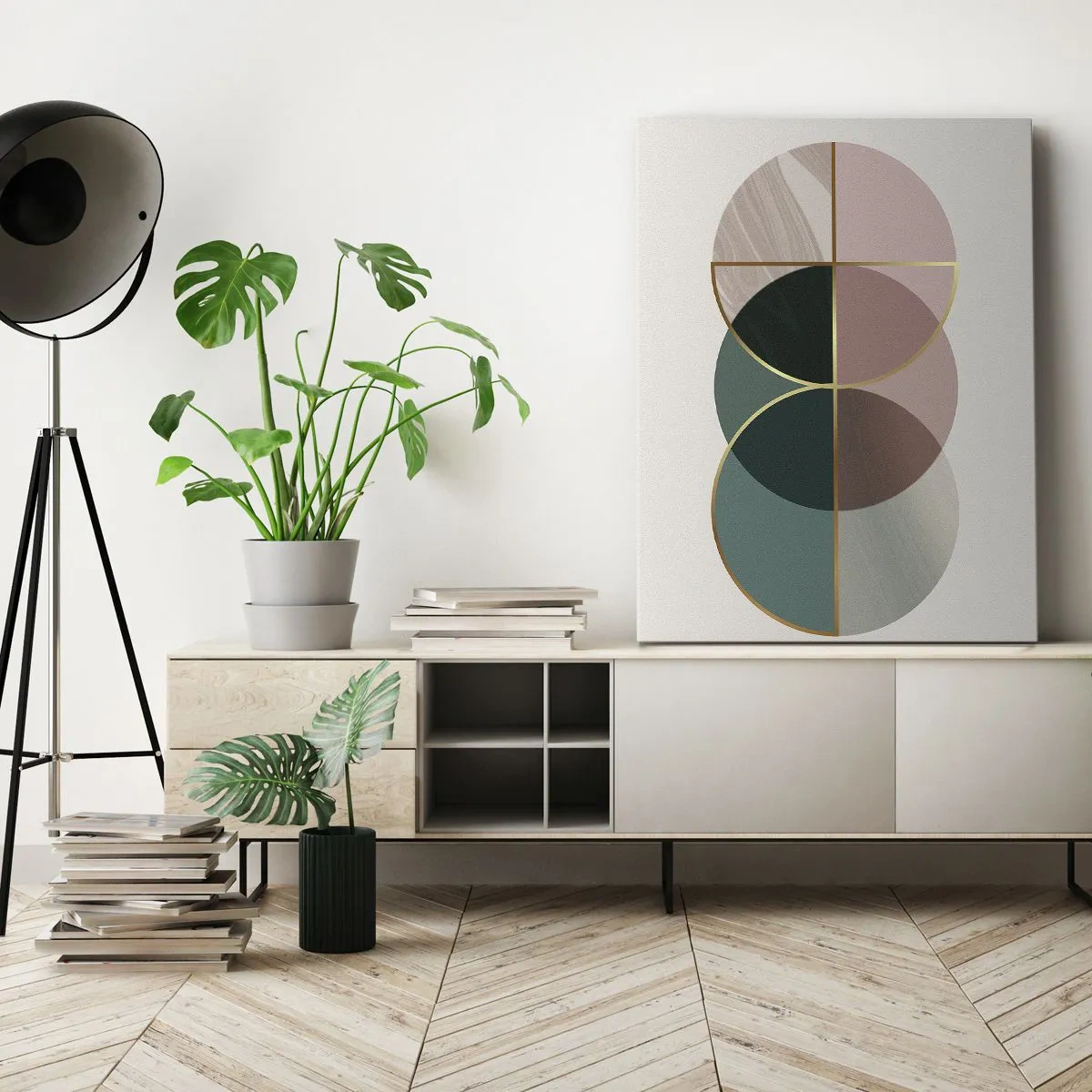 Bild auf Leinwand - Leinwandbild - Eine abstrakte Komposition aus geometrischen Formen und goldenen Linien. - 50x70cm - Ein Rad hinter dem anderen… - Moderne Wanddekoration für Wohnzimmer und Schlafzimmer ARTTOR