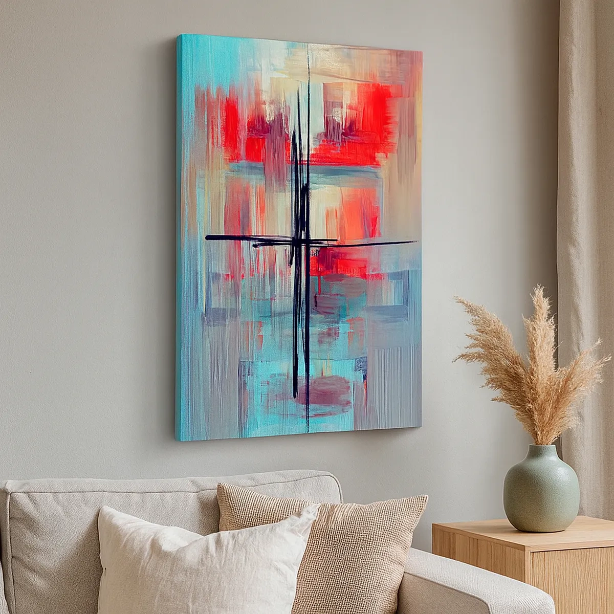 Bild auf Leinwand - Leinwandbild - Eine abstrakte Komposition mit intensiven Farben, Linien und geometrischen Formen. - 50x70cm - Landschaft in einer unbekannten Dimension - Moderne Wanddekoration für Wohnzimmer und Schlafzimmer ARTTOR