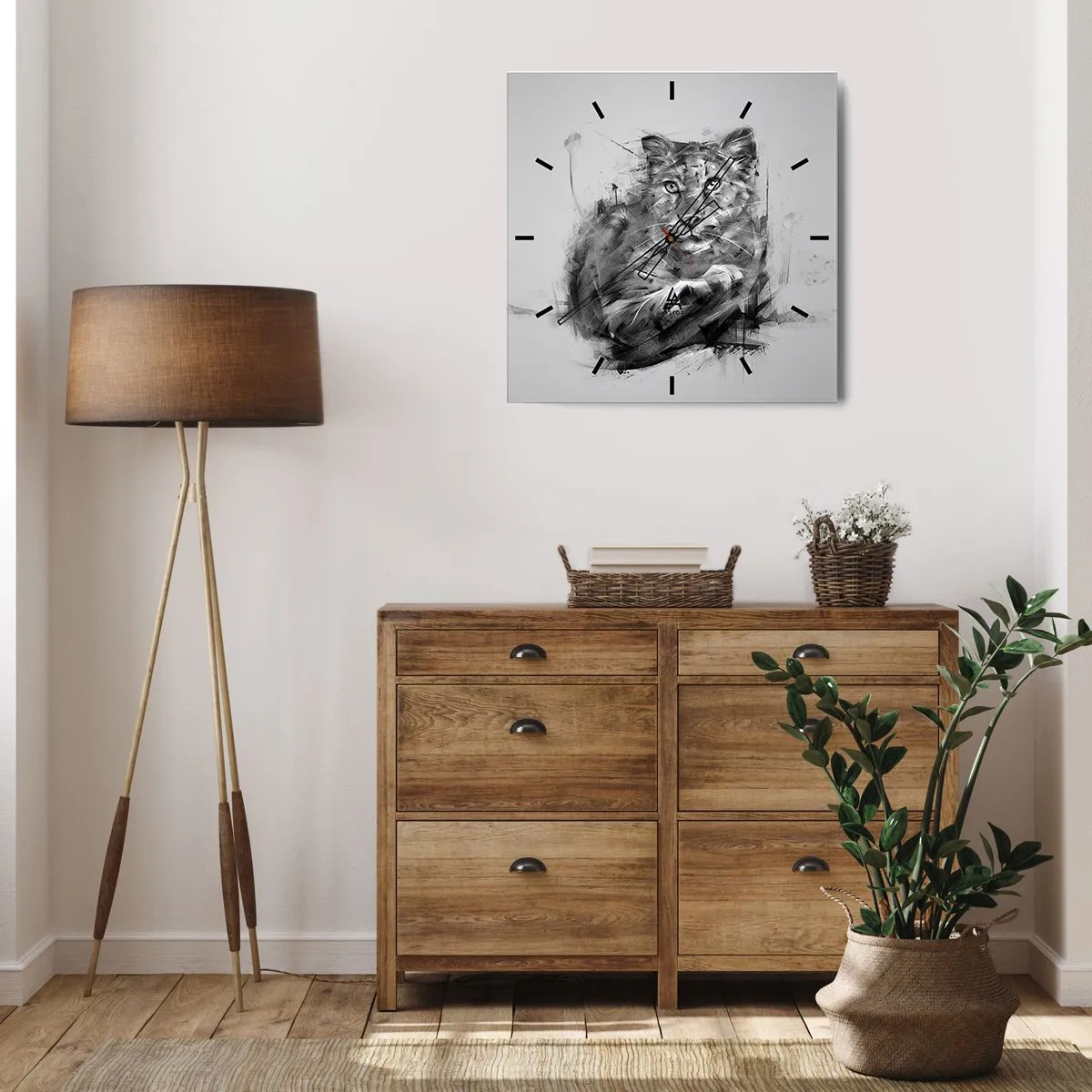 Wanduhr - Glasuhr - Schwarz-Weiß-Porträt eines Löwen im künstlerischen Stil mit dynamischen Strichen. - 30x30cm - Ja, ich höre aufmerksam zu - Moderne Wanddekoration für Wohnzimmer und Schlafzimmer ARTTOR