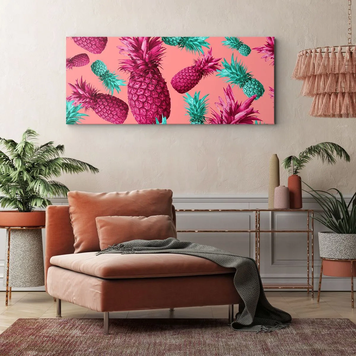 Bild auf Leinwand - Leinwandbild - Exotische Ananas in Pink und Türkis - 120x50cm - Freiheit ist süß - Moderne Wanddekoration für Wohnzimmer und Schlafzimmer ARTTOR