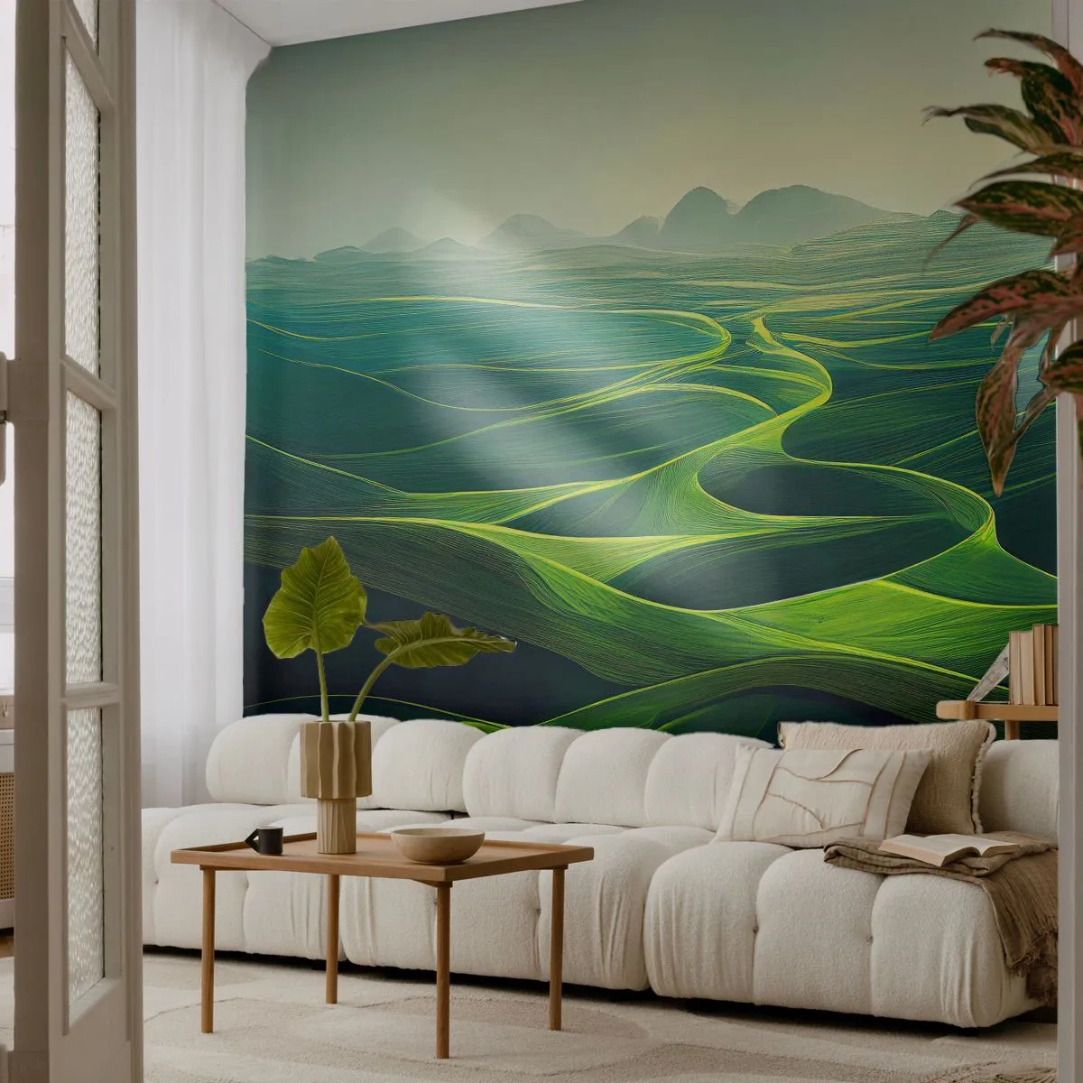 Fototapete Premium Sand - Sanfte grüne Täler, beleuchtet von den Sonnenstrahlen - 100x70cm - In den grünen Tälern - Moderne Wanddekoration für Wohnzimmer und Schlafzimmer ARTTOR