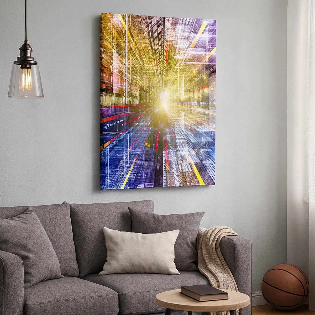 Bild auf Leinwand - Leinwandbild - Dynamische Lichter in einem futuristischen Korridor - 50x70cm - Leuchtender Korridor - Moderne Wanddekoration für Wohnzimmer und Schlafzimmer ARTTOR