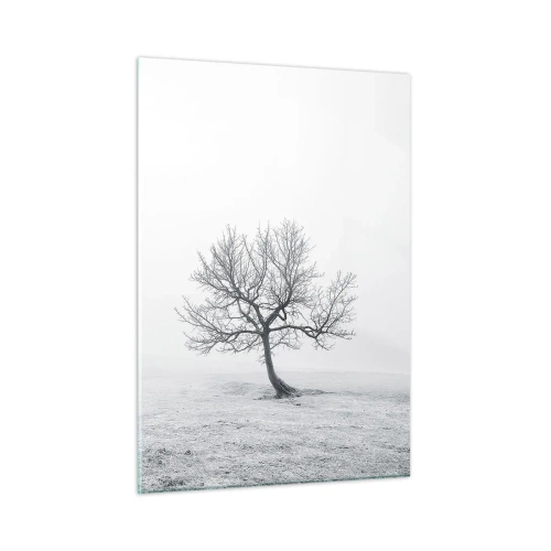 Glasbild - Bild auf glas - Ein einsamer Baum vor dem Nebel in einer monochromen Komposition - 50x70cm - Gegen das Nichts - Moderne Wanddekoration für Wohnzimmer und Schlafzimmer ARTTOR