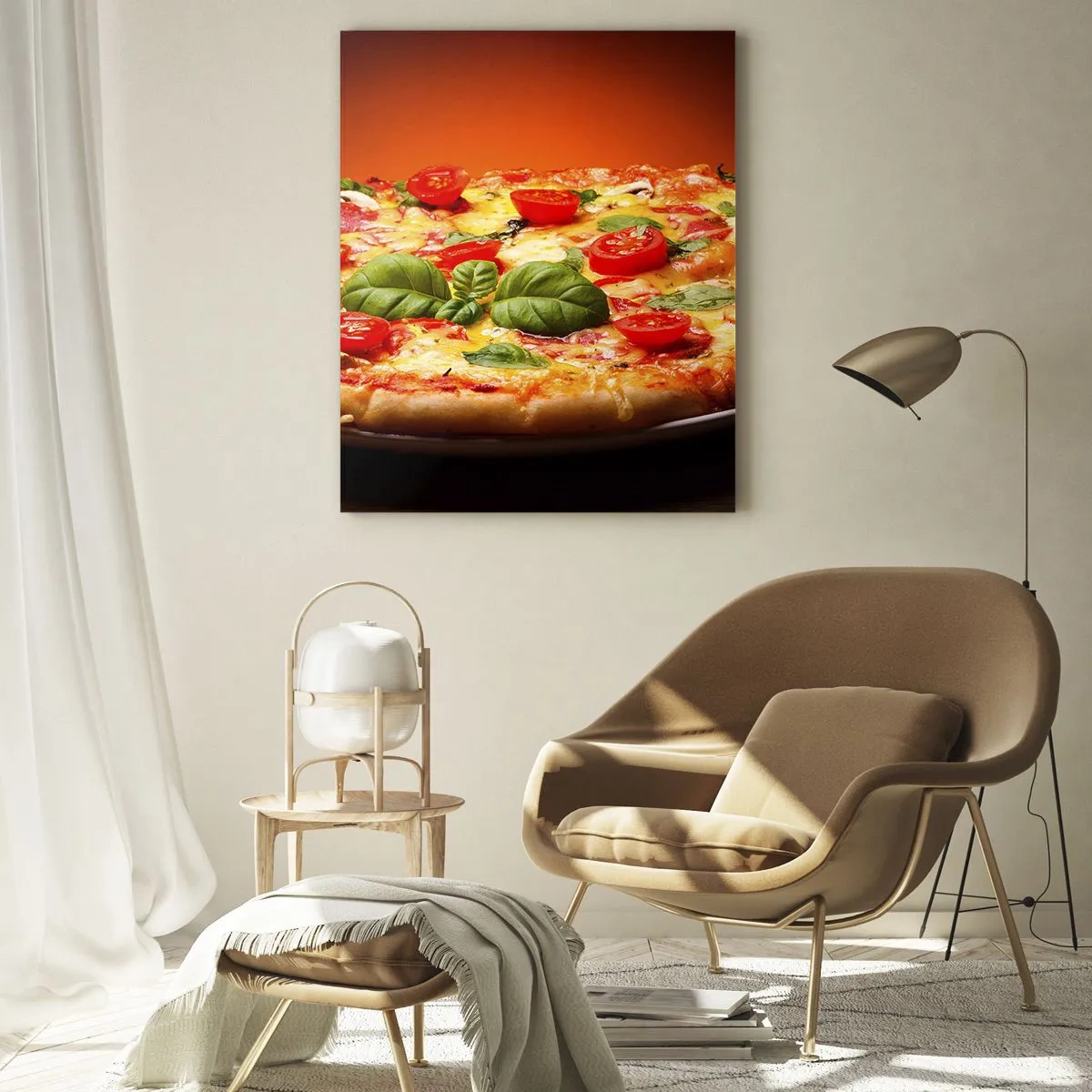 Glasbild - Bild auf glas - Pizza mit Tomaten und Basilikum auf einem Holztisch - 70x100cm - Mamma Mia! - Moderne Wanddekoration für Wohnzimmer und Schlafzimmer ARTTOR