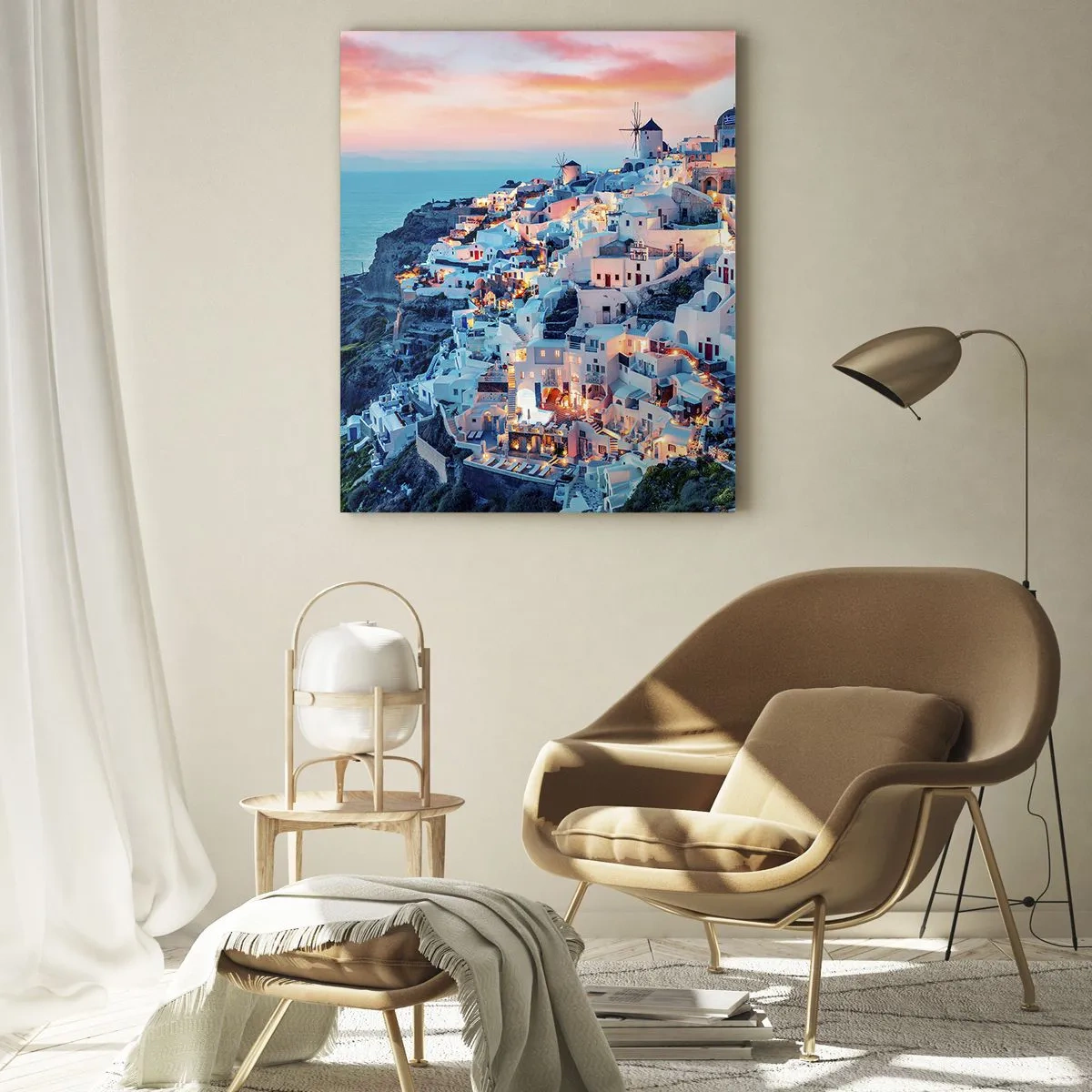 Glasbild - Bild auf glas - Griechische Klippenstadt in der Abenddämmerung mit Blick auf das Meer - 50x70cm - Dein toller griechischer Urlaub - Moderne Wanddekoration für Wohnzimmer und Schlafzimmer ARTTOR