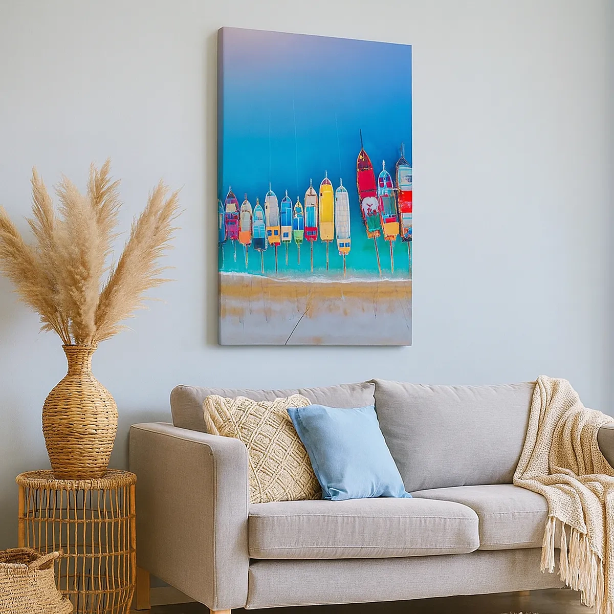 Bild auf Leinwand - Leinwandbild - Bunte Boote in einer Reihe am Ufer aufgereiht - 50x70cm - Aus der Vogelperspektive - Moderne Wanddekoration für Wohnzimmer und Schlafzimmer ARTTOR